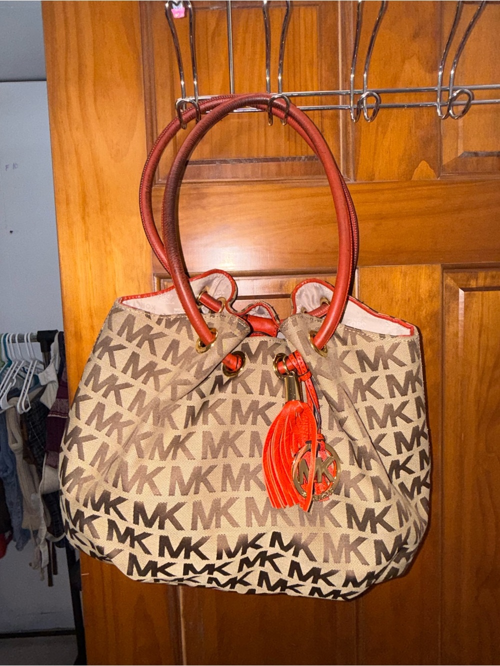 Michael Kors Beige MK Logo Tote with Orange Trim